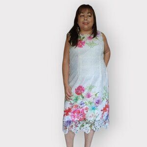 CLEO PETITES WOMENS WHITE SIZE 14  LACE FLORAL POLYESTER MIDI DRESS NWT